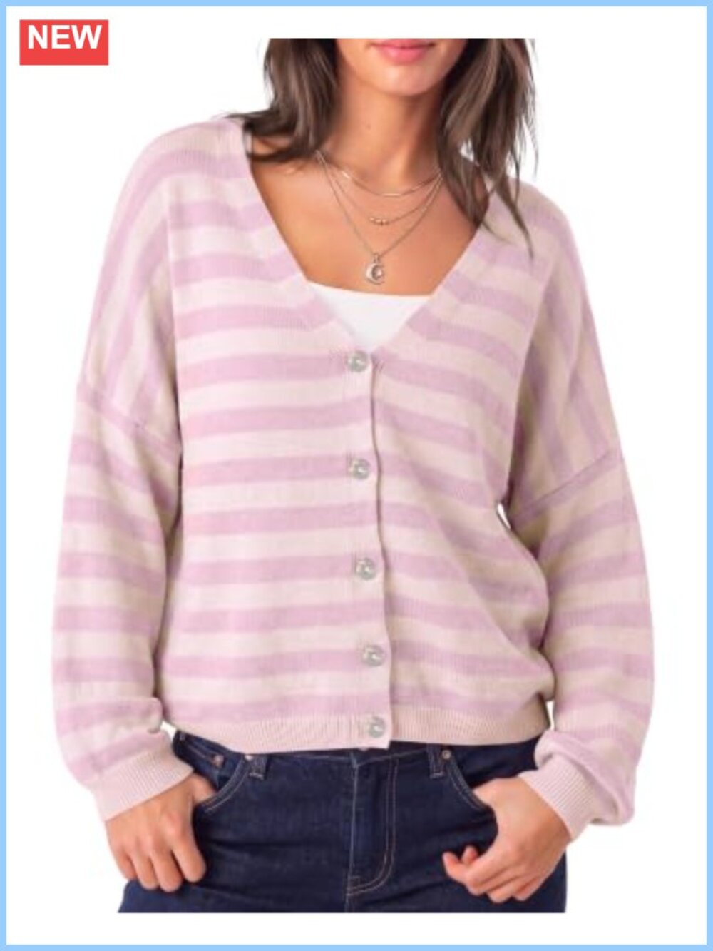 Striped V Neck Button Down Oversized Knit Cardigan Sweater